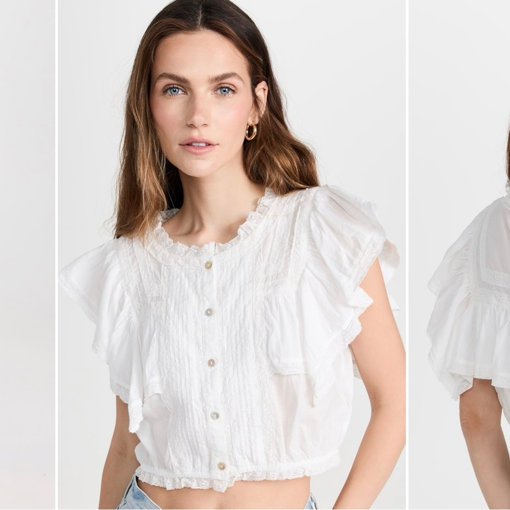 LoveShackFancy White Ruffled Crop Blouse with Bib Collar